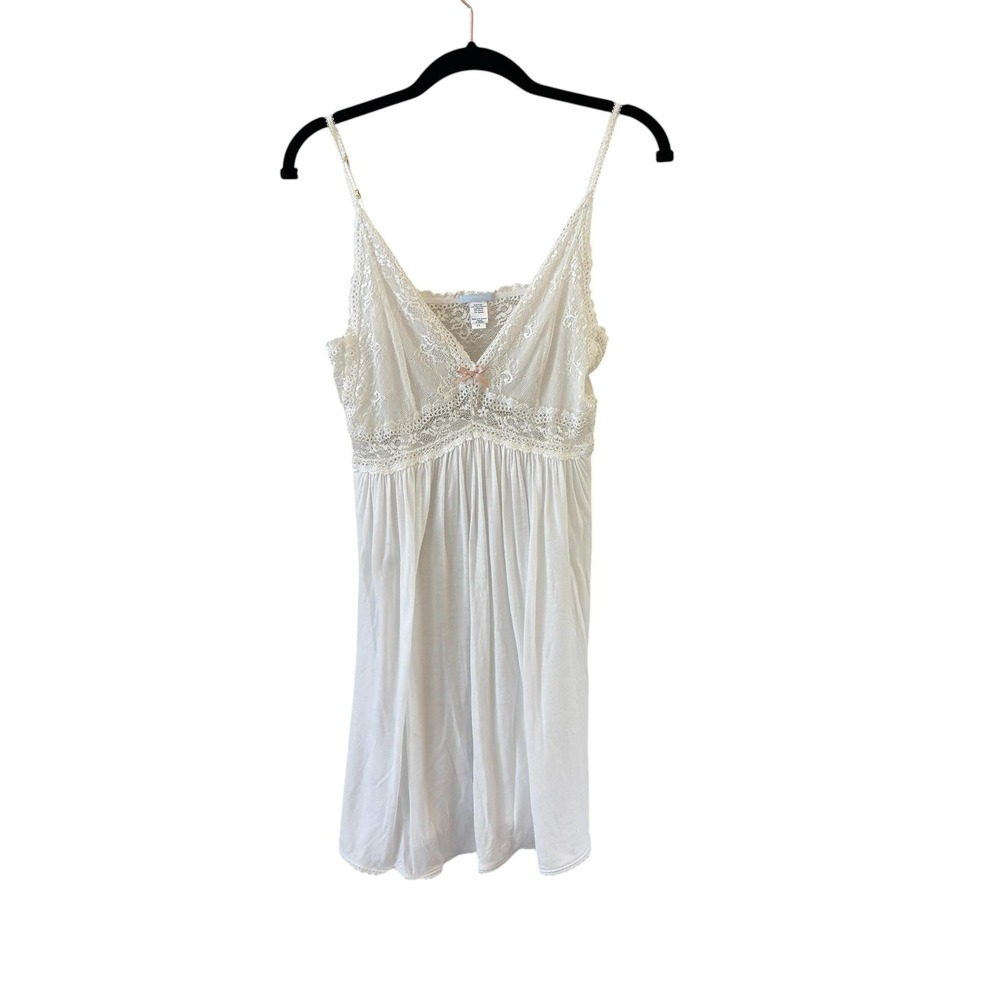 Eberjey Babydoll Lace Slip Dress Chemise L White Bow V Neck Mini Festival Bride
